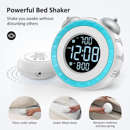uscce Loud Dual Alarm Clock with Bed Shaker - 0-100% Dimmer, Vibrating Alarm Clock for Heavy Sleepers or Hearing Impaired, Easy to Set, USB Charging Port, Snooze, Battery Backup (White)