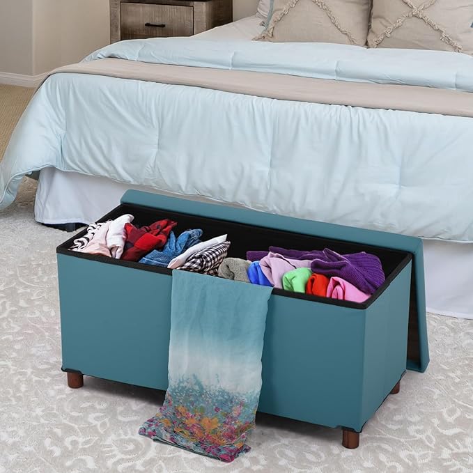Ottoman Storage Bench for Living Room Storage Ottoman with Tray Bedroom Foot Stool Storage Ottomans Coffee Table Lid Storage Footstool with Legs end of Bed Faxu Leather 30" Inch (D-Blue)