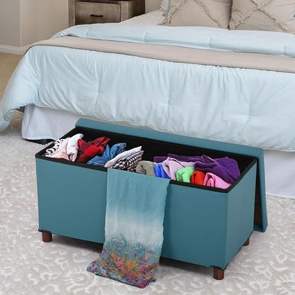 Ottoman Storage Bench for Living Room Storage Ottoman with Tray Bedroom Foot Stool Storage Ottomans Coffee Table Lid Storage Footstool with Legs end of Bed Faxu Leather 30" Inch (D-Blue)