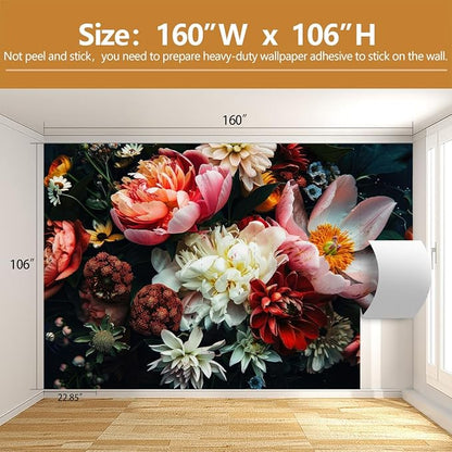 Large Floral Wallpaper Dark Peony Flowers Wall Mural for Living Room Bedroom（Not Peel and Stick）