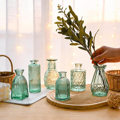Aqua Green Glass Bud Vase Set of 12, Vintage Mini Flower Vases for Centerpieces, Wedding Table, Assorted Textured Small Glass Vase Bulk for Baby Shower, Bridal Shower, Parties, Home Decor