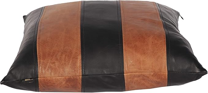 Lambskin Leather Pillow Cover - Sofa Cushion Case - Decorative Throw Covers for Living Room & Bedroom, 18x18 Inches - Tan and Black Pack of 1