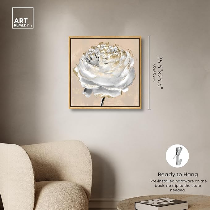 Art Remedy Beige Ranunculus Canvas Elegant White Gold Wall Art, Gold Frame, 24" x 24"