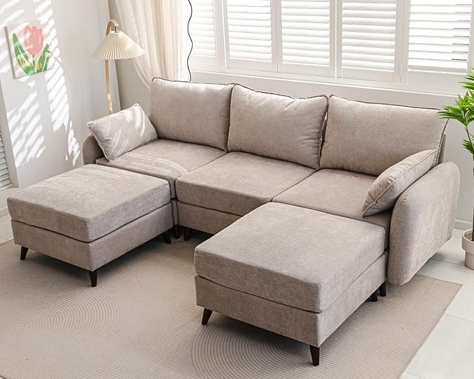 104'' Modular Sectional Sofa with Seats Storage,Oversized U Shaped Couch for Living Room,Comfy 3-Seater Cloud Couches with Deep Seat, Movable Ottoman, 2 Throw Pillow,Chenille,Khaki