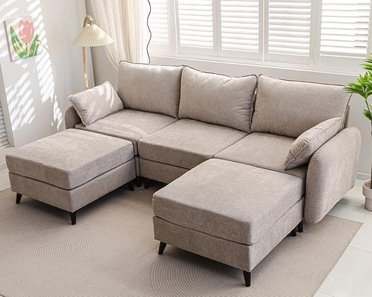 104'' Modular Sectional Sofa with Seats Storage,Oversized U Shaped Couch for Living Room,Comfy 3-Seater Cloud Couches with Deep Seat, Movable Ottoman, 2 Throw Pillow,Chenille,Khaki