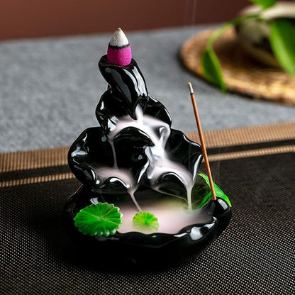 Cute Ceramic Backflow Incense Holder Waterfall Incense Burner with 48 Incense Cones and 30 Incense Stick, Incense Fountain for Home Decor, Desk Decor(Black)