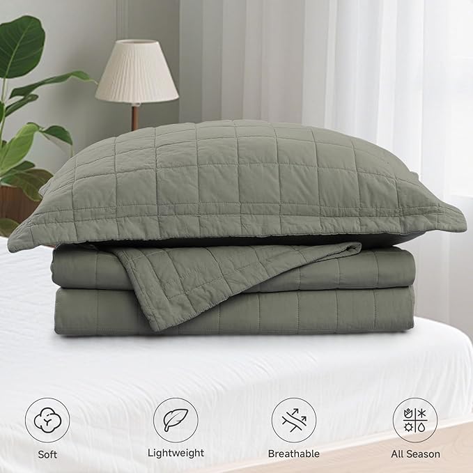 Quilt Oversized King Size Bedding Sets, 100% Cotton Lightweight Luxury Comforter Set, Oversized Extra Wide Stitching Bedspreads Coverlets with 2 Pillowcase Suitable for All Season, Green