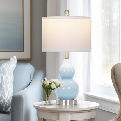 Double Gourd Ceramic Table Lamps Set of 2, Modern Blue Bedside Lamps for Night Stand, Contemporary Nightstand Lamps for Bedroom Living Room (Bulb Included)