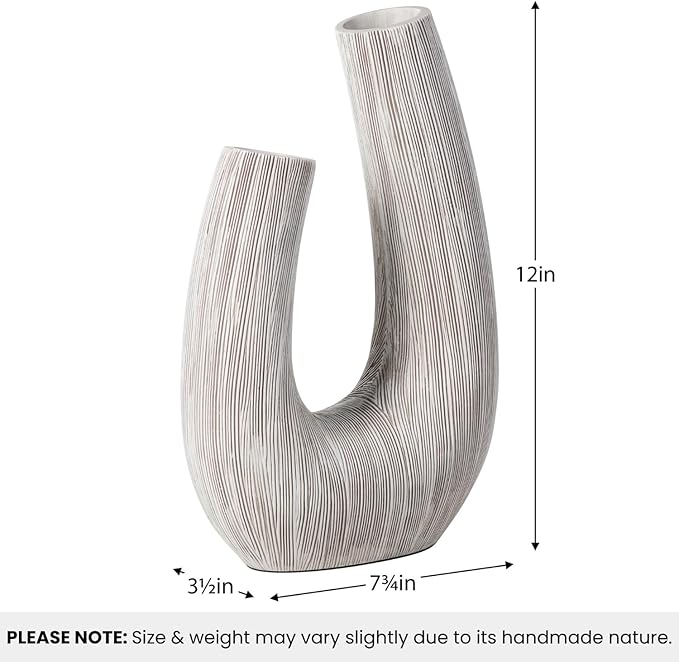 Torre & Tagus White U Shaped Vase for Flowers - 12 Inch Tall Textured Vases for Centerpieces with 2 Openings, Sculptures Home Decor & Abstract Sculptures Home Decor for Shelf Decor Aesthetic (Alma)