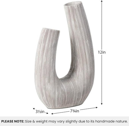 Torre & Tagus White U Shaped Vase for Flowers - 12 Inch Tall Textured Vases for Centerpieces with 2 Openings, Sculptures Home Decor & Abstract Sculptures Home Decor for Shelf Decor Aesthetic (Alma)