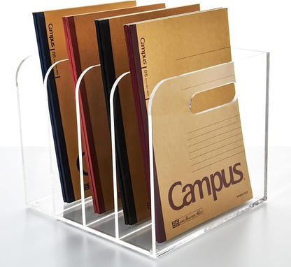 4 Vertical Compartments Clear Acrylic Magazine & File Holder – Multipurpose Desk Organizer for Office, Tablets, Magazines, Books – Documents/Home/Classroom Rack