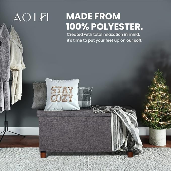 30 Inches Storage Ottoman Bench, Rect Grey, Modern, Classic Style, Linen Fabric, Walnut Wood Legs