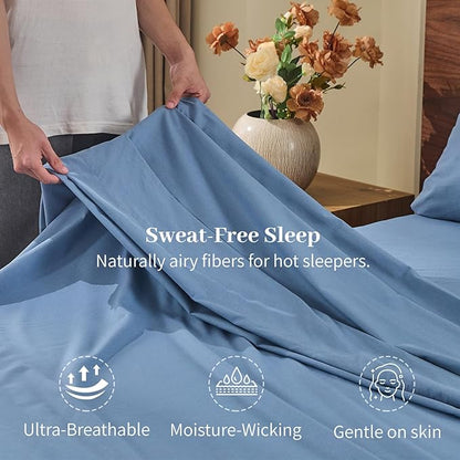 MEISHANG 100% French Pure Linen Sheets Queen Size - Bed Sheets 4 Piece Sets, Soft Durable Flax Linen, Anti-Tear Breathable Oeko-Tex Certified with 16" Deep Pocket (Dusty Blue)