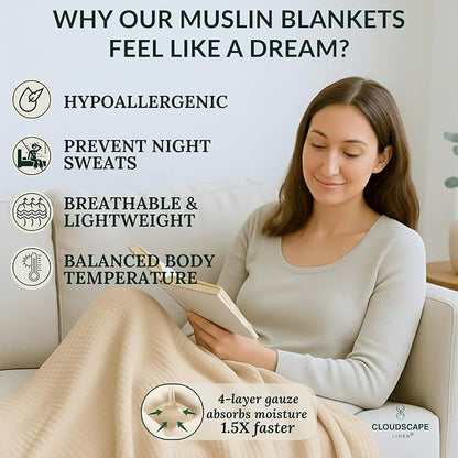 Luxury 100% Cotton Muslin Throw Blanket, 4 Layer Extra Large 50x70in, Perfect for Couch, Sofa, Home Decor, Soft Cotton Gauze Travel Blanket, Winter Cozy Throw, All Season Fog