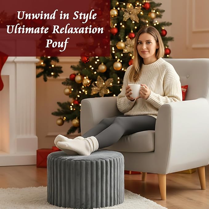 LITA Round Stuffed Pouf Ottoman, Corduroy Poufs with High-Density Foam Filling and Washable Cover, Furry and Fluffy Bean Bag Foot Stools Ottoman for Living Room, Bedroom, Office, Grey, Round