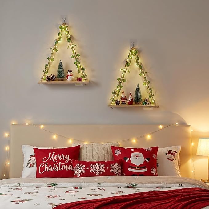 RICHER HOUSE Artificial Ivy LED-Strip Wall Hanging Shelves Set of 2, Macrame Shelf No Drilling for Bedroom Living Room Kitchen, Wood Hanging Plant Shelves for Wall Décor, Christmas Decorations