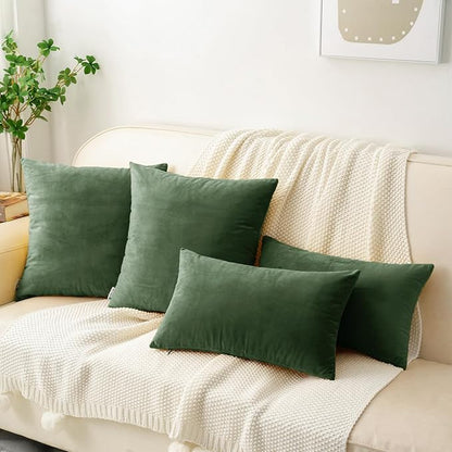 HWY 50 Moss Green Velvet Throw Pillow Covers 20x20 Inch, Pack of 2 Soft Cozy Solid Decorative Luxury Cushion Cases for Couch Sofa Bed Living Room Bedroom