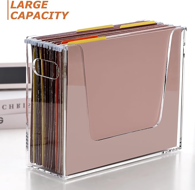 DINGHUO Folder File Organizer, Letter Size Acrylic Hanging File Holder with Handles, Clear Portable Filing Storage Box for Desk, Office Supplies, School - 1 Pack