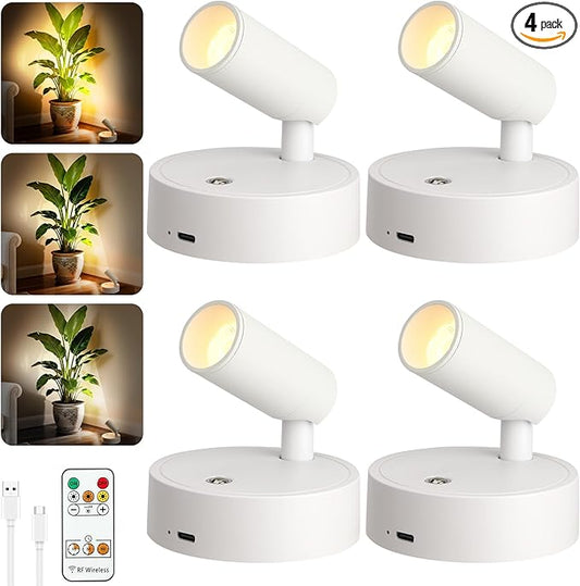 4 Pack Spotlights Indoor with Remote, Rechargeable Picture Lights, Wireless LED Uplighting with Dimmable 3CCT Modes, Display Lights for Artwork, Plant, Painting, and Accent Lighting, White