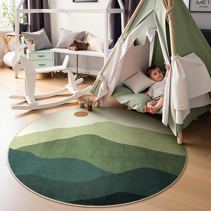 4ft Abstract Round Rug,Soft Washable Non-Slip Mountain Circle Classroom Rug,Chic Stain Resistant Low-Pile Throw Rugs for Entryway/Bedroom/Nursery/Living Room(Green)