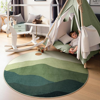 4ft Abstract Round Rug,Soft Washable Non-Slip Mountain Circle Classroom Rug,Chic Stain Resistant Low-Pile Throw Rugs for Entryway/Bedroom/Nursery/Living Room(Green)