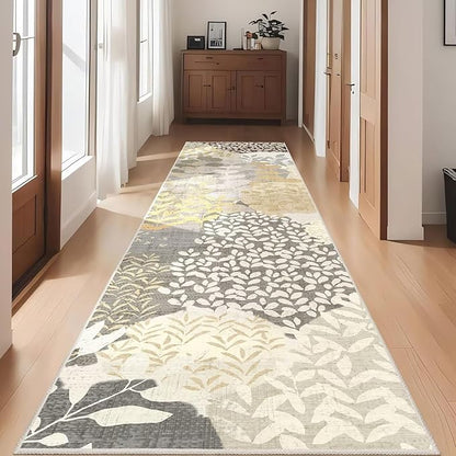 DEXDE Runner Rug 2x8, Washable Hallway Boho Soft Area Rugs Abstract Long Non Slip Leaves Floral Vintage Floor Carpet for Entryway Kitchen Laundry Bathroom Bedroom, Gray