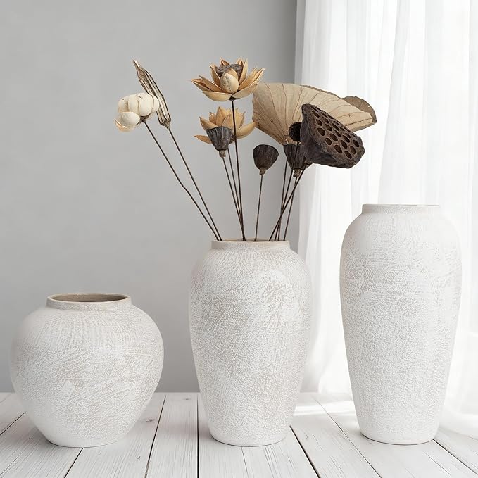 Ceramic Flower Vase Home Decor, 11" Large Farmhouse Table Vases Rustic Vintage Living Room Kitchen Bedroom Decorations for House Book Shelf Office Coffee Desk Dining Fireplace