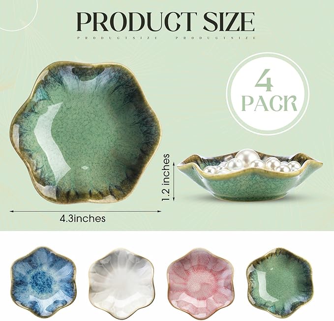4 Pack Small Jewelry Dish Ceramic Trinket Holder Dish Tray for Rings Earrings Necklaces Bracelets 4.3 x 3.9 Inch Key Bowl Women's Birthday Mother's Day Wedding Gift