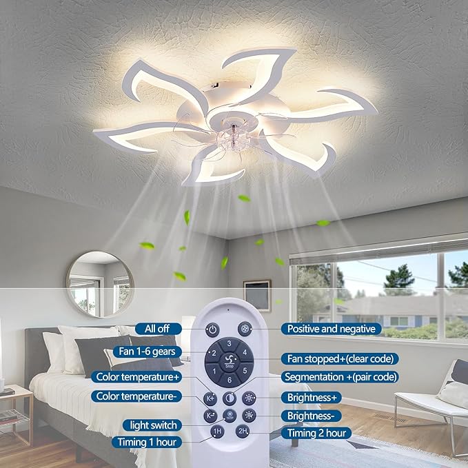 HuixuTe 32" White Geometric Modern 6-head Ceiling Fan with Lights Remote Control, Low Profile Ceiling Fan with Light for Kitchen Bedroom Living Room