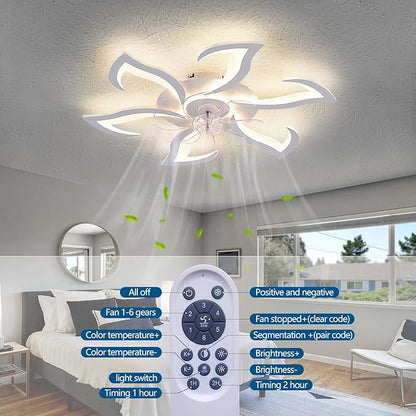 HuixuTe 32" White Geometric Modern 6-head Ceiling Fan with Lights Remote Control, Low Profile Ceiling Fan with Light for Kitchen Bedroom Living Room