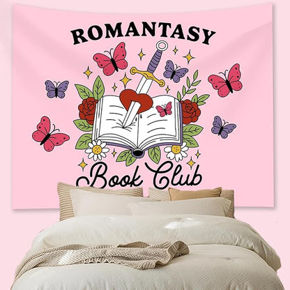 Romantasy Book Club Tapestry - Fantasy Books Library Tapestries, Pink Magical Document Tapestrys, Cute Aesthetic Fairy Tapestries Wall Hanging, Beach Throws Table Cloth Bedding Tapestry - 50 x 60 Inches