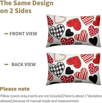 Valentines Day Pillow Covers 12x20 Set of 2 Black Red Heart Throw Pillow Covers Love Pillowcase Linen Decoration Farmhouse Holiday Cozy Soft Cushion Case Couch for Indoor Outdoor Home Decor