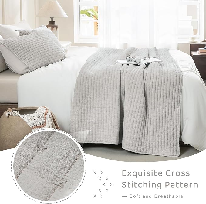 Sanracie Stonewashed Oversized King Quilt(120"x120"), Cotton Light Wheat Color Cross Stitch Pattern California King Quilt Set 3Pcs Ultra Soft Lightweight Crinkle Bed Coverlet Set for All Season