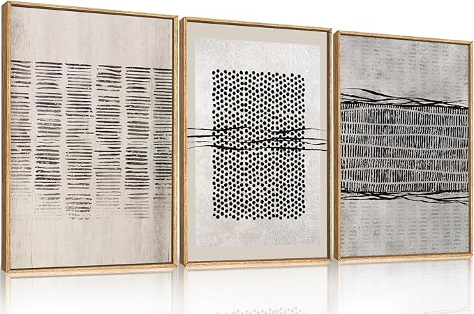 Large Abstract Black and Beige Framed Canvas Wall Art,Minimalist Geometric Lines Wall Decor,Cozy Neutral Shapes Artwork,Modern Lines Dots Art Print for Living Room,Bedroom,Office- 24"x36"x3