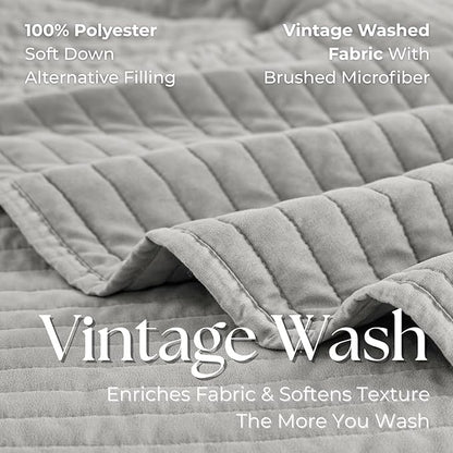 DOWN HOME Queen Quilt Bedding Set with Shams, Vintage Washed Soft Quilted Blanket Thin Comforter Lightweight Bedspread Coverlet Bed Cover, Brushed Microfiber Stripe Stitching, Light Gray, 86"x90"