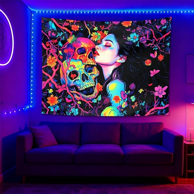 seewan Black Light Skeleton and Girl Tapestry, Glow-in-the-Dark UV Neon Woman Kissing Skeleton Wall Hanging, Psychedelic Life and Death Art Tapestry, Bedroom Dorm Living Room Background Decor