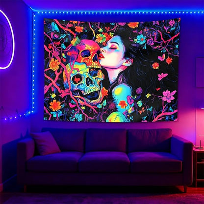 seewan Black Light Skeleton and Girl Tapestry, Glow-in-the-Dark UV Neon Woman Kissing Skeleton Wall Hanging, Psychedelic Life and Death Art Tapestry, Bedroom Dorm Living Room Background Decor