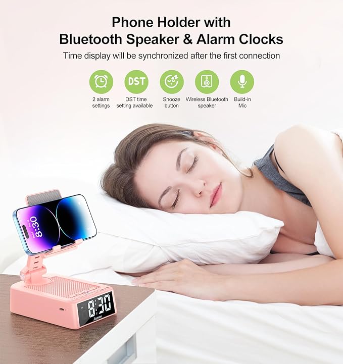 Gifts for Women Girls, Phone Stand with Bluetooth Speaker 360° Rotable Angle Adjustable Cell Phone Holder for Desk with HD Subwoofer Sound Fits All Phones,Tablets (Pink)