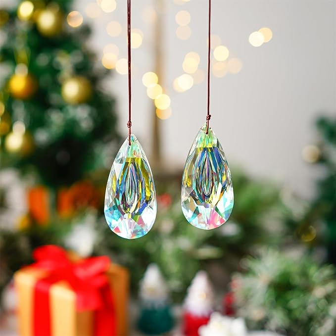 HDCRYSTALGIFTS 2pcs 89mm Hanging Crystal Prisms Suncatchers, Sun Catcher Indoor Window Rainbow Maker Crystals for Home Garden Decor Glass Ornaments for Christmas Tree