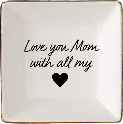 Simply Charmed Love You Mom Jewelry Dish - Christmas or Birthday Gift - Elegant Trinket Tray and Ring Holder - Gifts for Mom from Daughter or Son