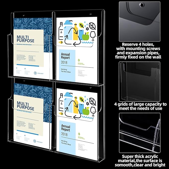Barydat 4 Pocket Acrylic Brochure Holder Wall Mount Clear Pamphlet Holder Plastic Trifold Multi Slot Flyer Rack Magazine Display Stand Wall Hanging Organizer 11.8 x 8.78 Inch for Office Menu Advertise
