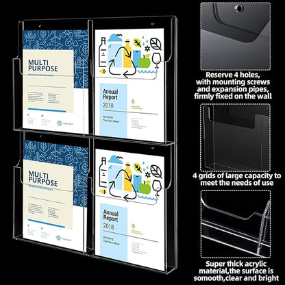 Barydat 4 Pocket Acrylic Brochure Holder Wall Mount Clear Pamphlet Holder Plastic Trifold Multi Slot Flyer Rack Magazine Display Stand Wall Hanging Organizer 11.8 x 8.78 Inch for Office Menu Advertise