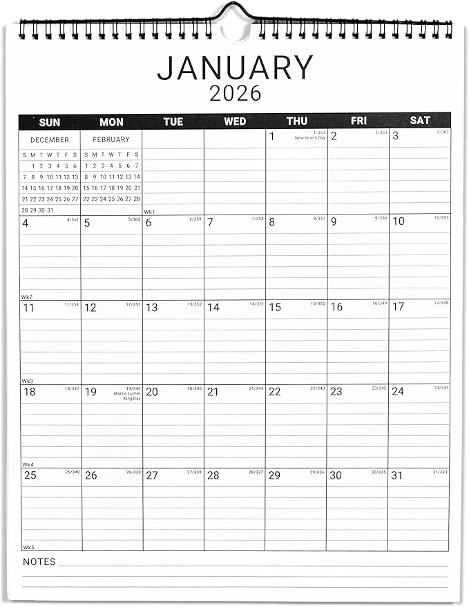 2026 Wall Calendar, 12 Month 11.5”x14.8 ‘’ Year Monthly Organizer from January 2026-2027 Vertical Blank Simple Spiral Bound Wire Hanging Calendar w/ Lines for Family, Home, Kitchen, Office White2