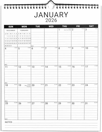 2026 Wall Calendar, 12 Month 11.5”x14.8 ‘’ Year Monthly Organizer from January 2026-2027 Vertical Blank Simple Spiral Bound Wire Hanging Calendar w/ Lines for Family, Home, Kitchen, Office White2