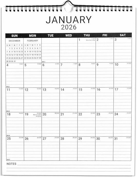 2026 Wall Calendar, 12 Month 11.5”x14.8 ‘’ Year Monthly Organizer from January 2026-2027 Vertical Blank Simple Spiral Bound Wire Hanging Calendar w/ Lines for Family, Home, Kitchen, Office White2