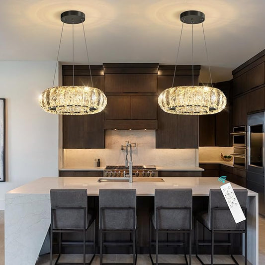 Crystal Round Chandelier Modern LED Dining Pendant Lights for Kitchen Island Dining Room Remote Dimmable Hanging Light Entrance Bedroom Lighting Black