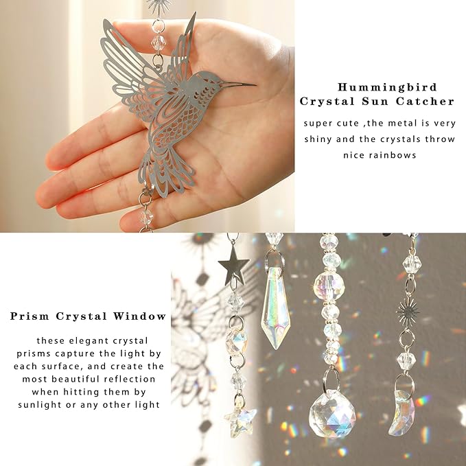 Artilady Suncatcher Hummingbird Wind Chimes for Outside Hanging Prism Crystal Sun Catchers Indoor Window Garden Porch Backyard Decor Birthday for Women Girls (Silver, 4 PCS)