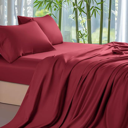 Shilucheng 100% Viscose Derived from Bamboo_ Sheets Queen Size 4pcs - Ultra Cooling & Silky Soft Bed Sheets, 16" Deep Pocket, Perfect for Hot Sleepers, Hotel Bedding Sheets (Burgundy)