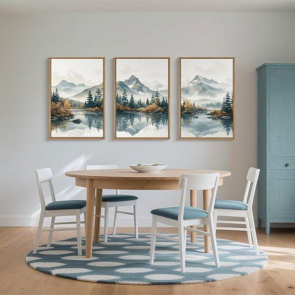 HLNIUC Winter Christmas Mountain Wall Art Framed,Large White Snowy Forest Decor Set of 3 (16"x24"), Watercolor Nature Lake Foggy Landscape Canvas Painting for Living Room, Bedroom, Office