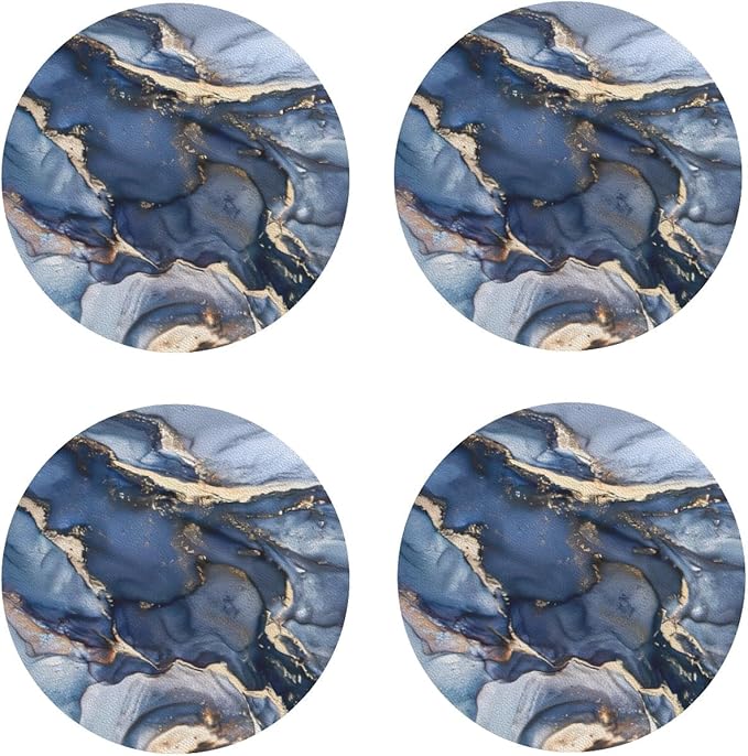 Navy Blue Marble Abstract Coaster Set of 4 Stone Texture Cup Coasters for Drinks Waterproof Wipeable PVC Round Coasters Mat for Coffee Beer Wine Outdoor Patio Table Bar Desk Seasonal Desk Decor